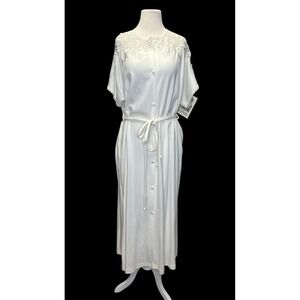 VTG NWT Verena‎ Robe Large Ivory Cotton Lace Belt Pockets Button Front Peignor